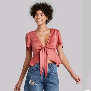Cropped Short Sleeve Tie Front Flutter Top